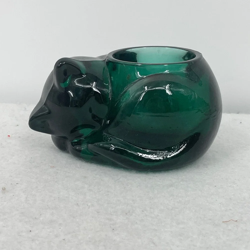 Indiana Glass Evergreen Cat Votive Holder Emerald Green Sleeping Kitten 3865